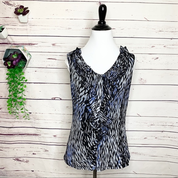 212 Collection Blue & Black Sleeveless Ruffled Blouse Top Size Small - Picture 1 of 7